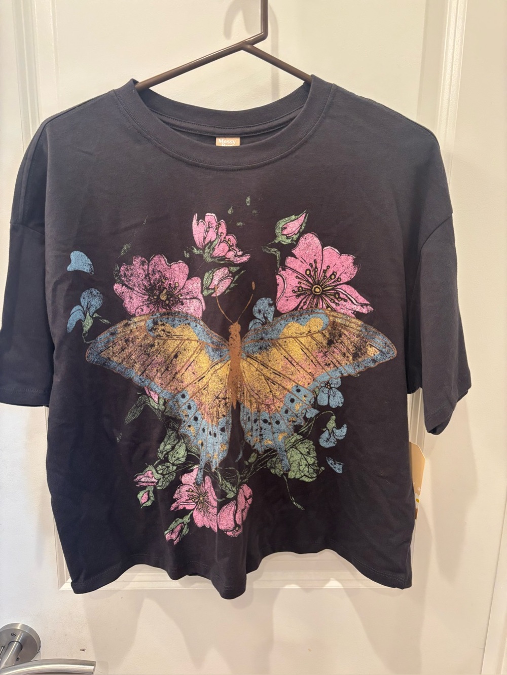 NWT Anthro loved brand Messy Bun Just Chillin’ Butterfly & Floral Black Tee - S